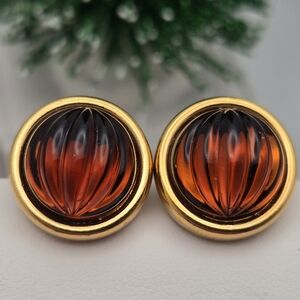 Vintage Monet Gold Tone Stud Earrings Faux Amber Cabochon 90s Classic